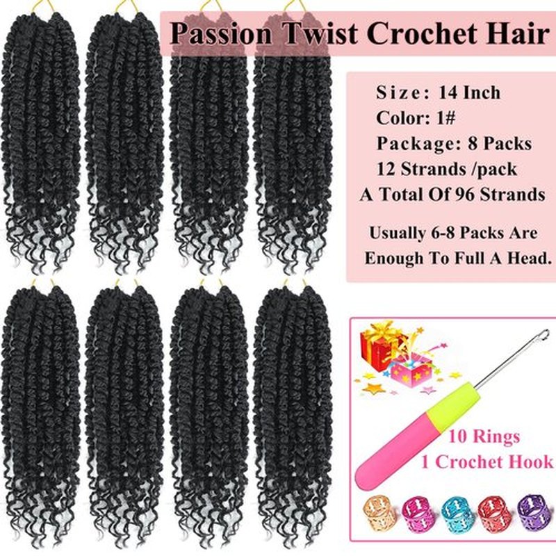Alrence Passion Twist Crochet Hair 8 Packs Pre twisted Passion Twist Hair For Women Soft Bohe Pre-looped Crochet Braids (14 Inch (Pack of 8), 1#)
