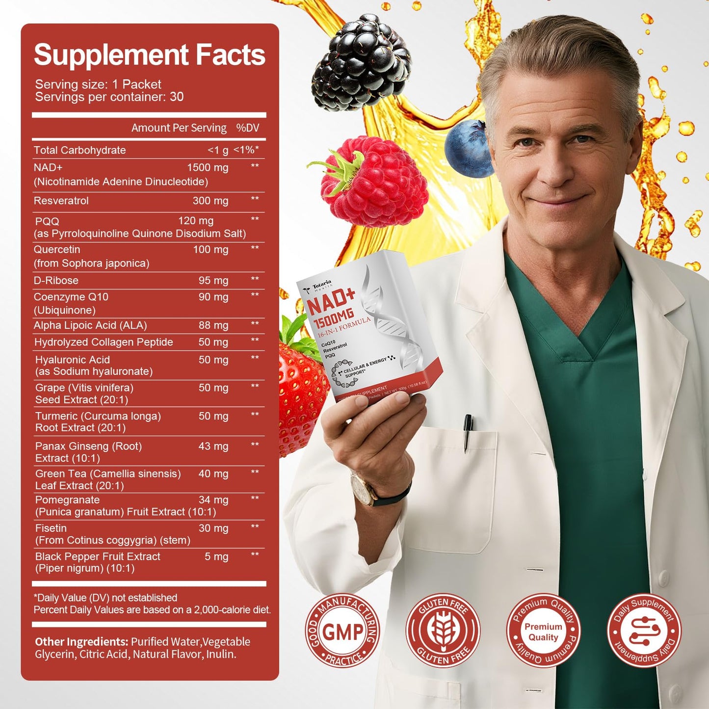 Totaria 16-in-1 NAD Liquid Supplement 1500mg for Men & Women, Extra Strength NAD+ with NMN Precursor, Resveratrol, PQQ, CoQ10, Supports Anti Aging, Energy, Immune, Focus (30 Packets) 1 Months Supply