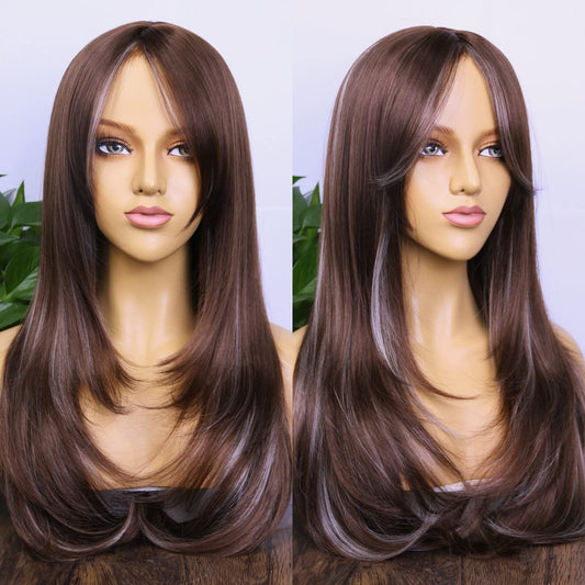 MSMYRNS Highlights Platinum Brown #4 Long Wavy Curly Heat Resistant Synthetic Wig Fringe Bangs Middle Part Pre Layered Natural Looking For Women Daily Use Long Bangs