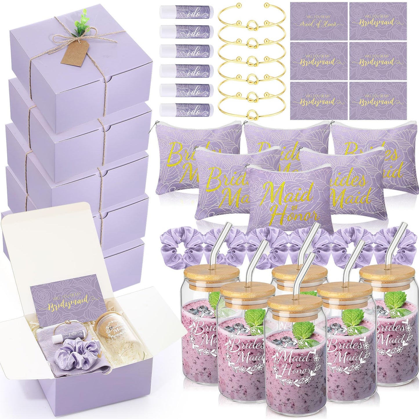 FillTouch 54 Pcs Bridesmaid Proposal Gifts, Will You Be My Bridesmaid, Maid of Honor Bride Gifts Include Gift Box Makeup Bag Invited Card Glass Cup Lip Balm Scrunchie Knotted Bracelet(Purple)
