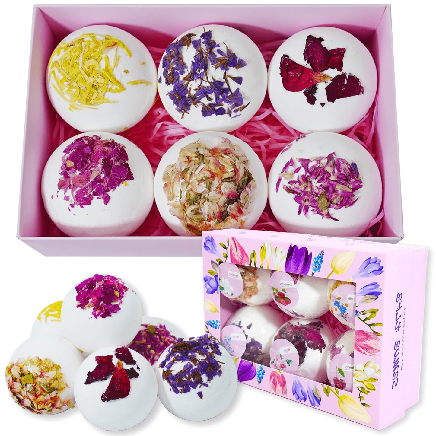 Persidra Aromatherapy Bath Bombs with Dried Flower Petals - 6 Pack Large Bath Bomb Handmade SPA Gift Set for Women, Moisturizing Natural Essential Oil Fizzies for Stress Relief & Relaxation Home SPA