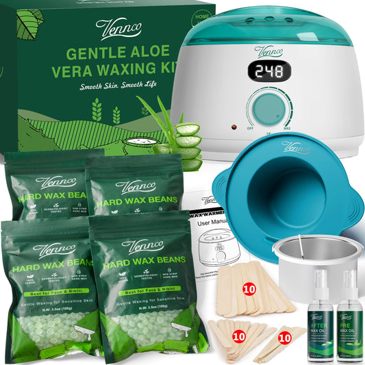 VENNCO Waxing Kit for Women Men - Premium Digital Wax Melt Warmer Kit for Sensitive Skin Coarse Hair Removal - 14oz Hard Wax Beads & Silicone Liner - for Bikini Brazilian Body Face Leg - Home Wax Kit