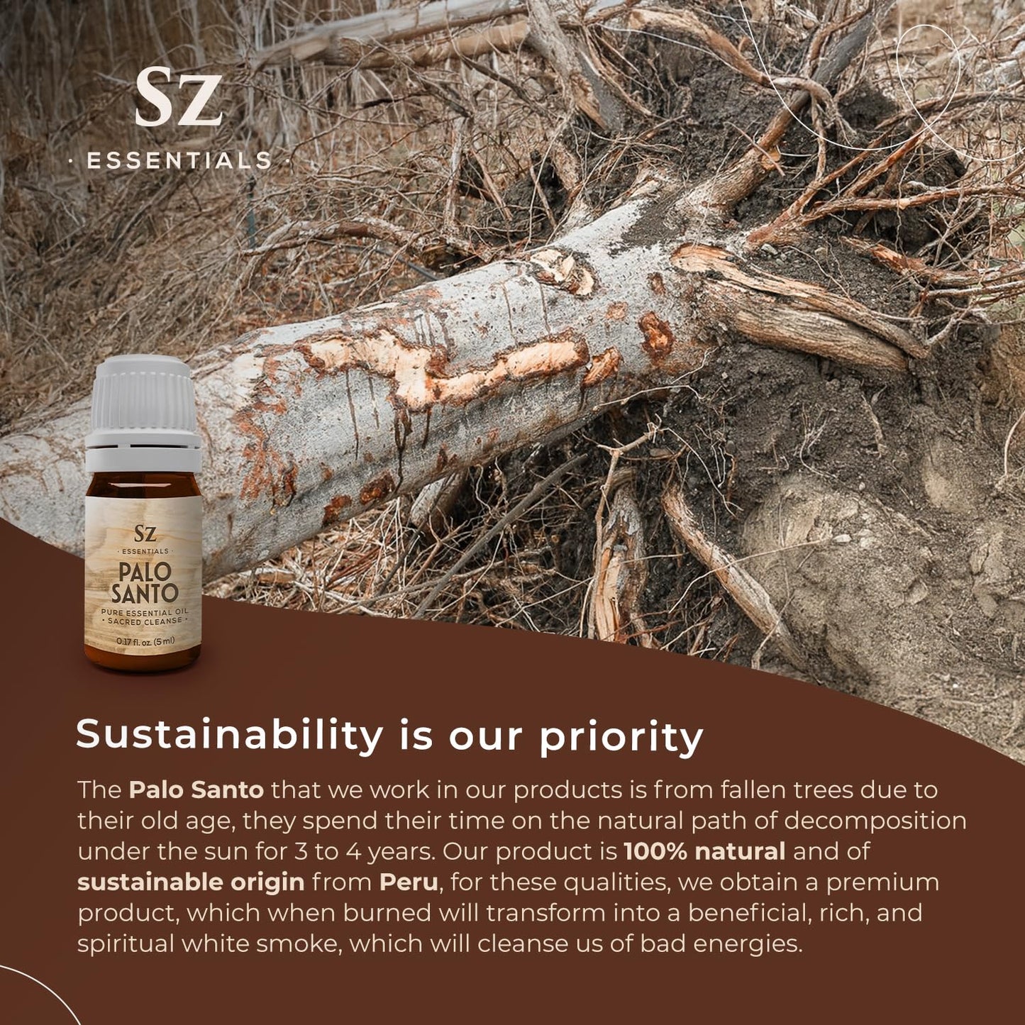 Sz Essentials Palo Santo Essential Oil – 100% Pure – Ethically Sourced from Peru – Sacred Oil for Ritual Use, Spiritual Cleansing & Energy Clearing – Bursera graveolens – Vegan – 0.17 fl oz (5mL)
