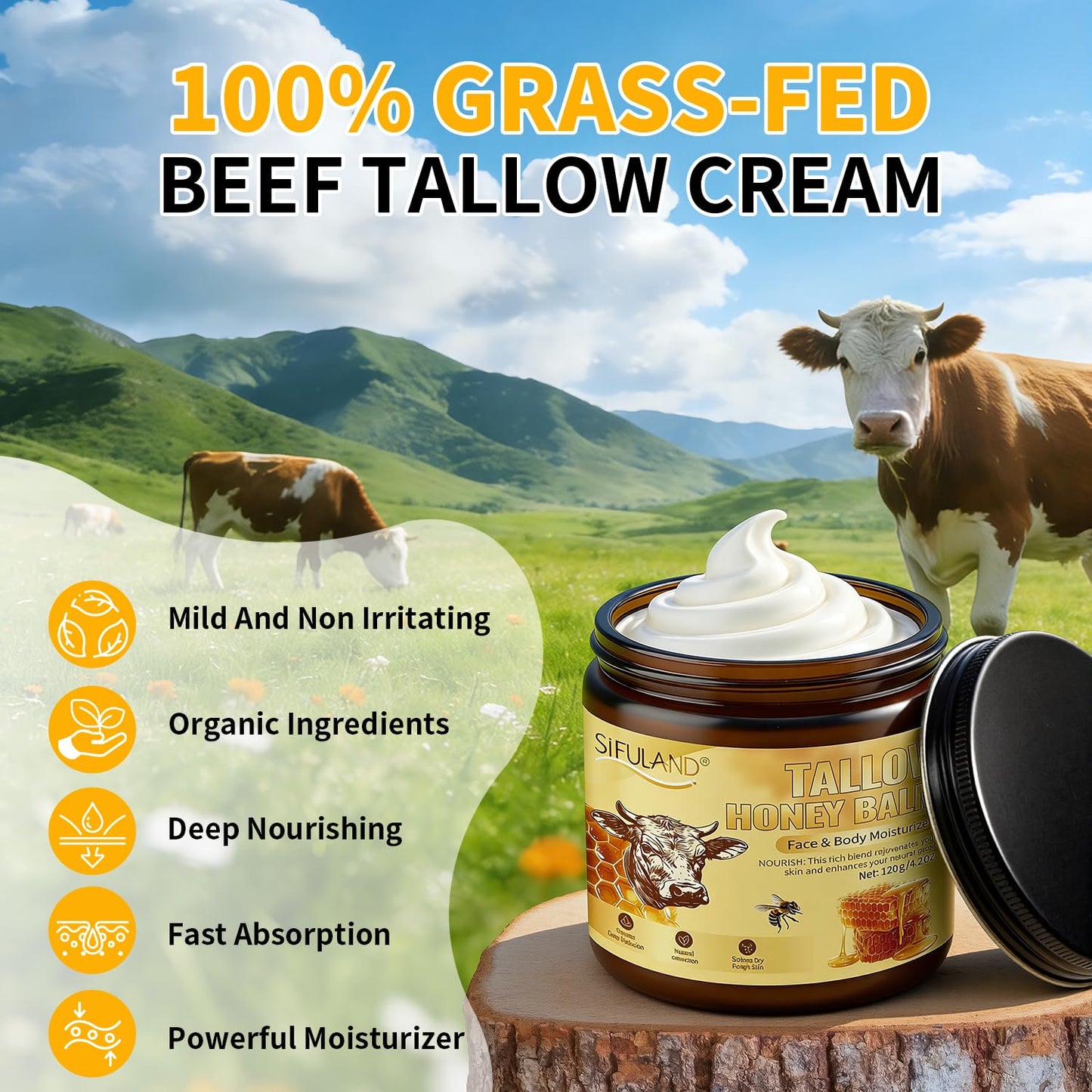 SiFULAND Beef Tallow for Skin, 100% Organic Grass-Fed Beef Tallow & Raw Honey Balm - Deep Nourishing Moisturizer for Face and Body, Sensitive Skin - All Natural Formula - 4.2 OZ