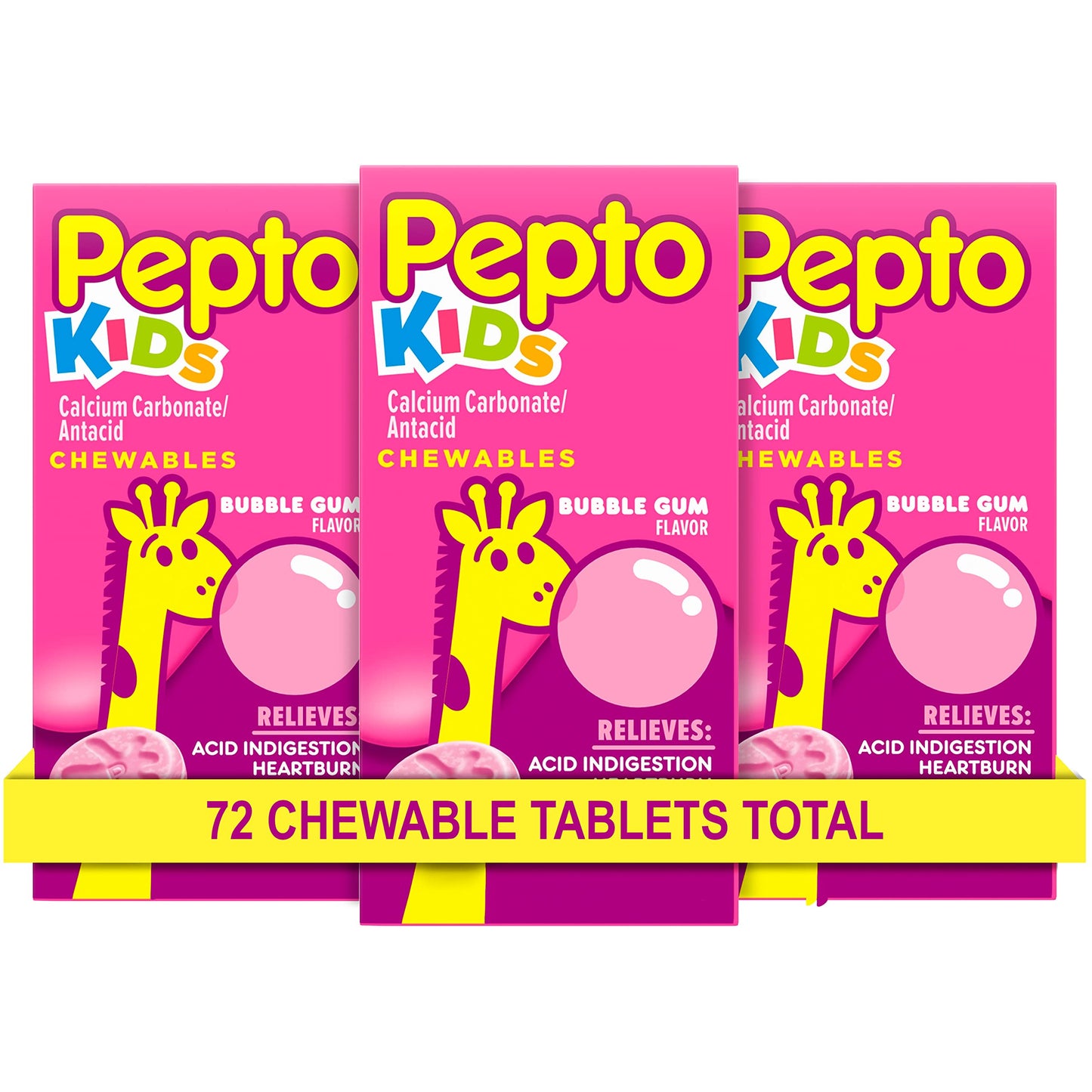 Pepto Kids Bubblegum Antacid Tablets Chewable, Upset Stomach Relief for Kids, Heartburn Relief, Acid Indigestion and Sour Stomach Relief, 72 Chewable Tablets (3x24 ct)