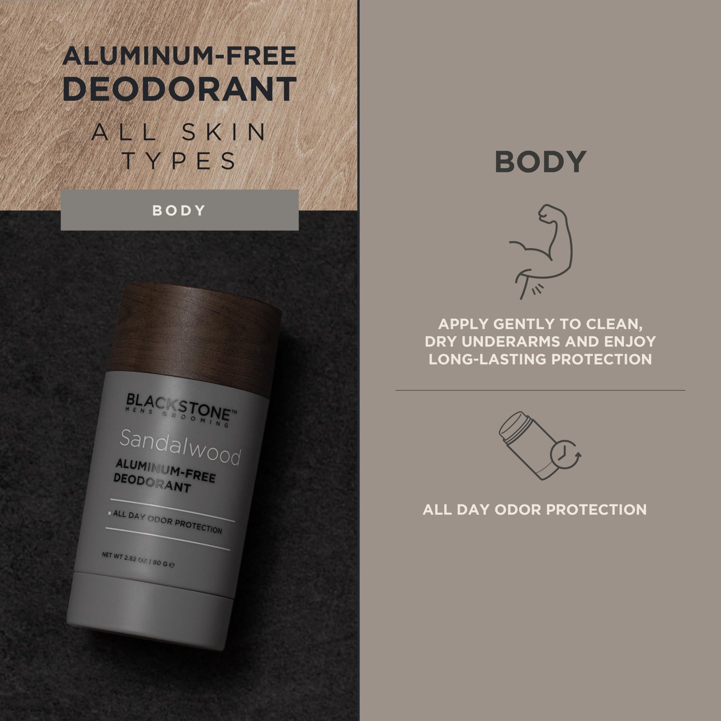 Blackstone Men's Grooming Aluminum-Free Deodorant - All Day Odor Protection | Long Lasting Protection - Sandalwood (2.82 oz)