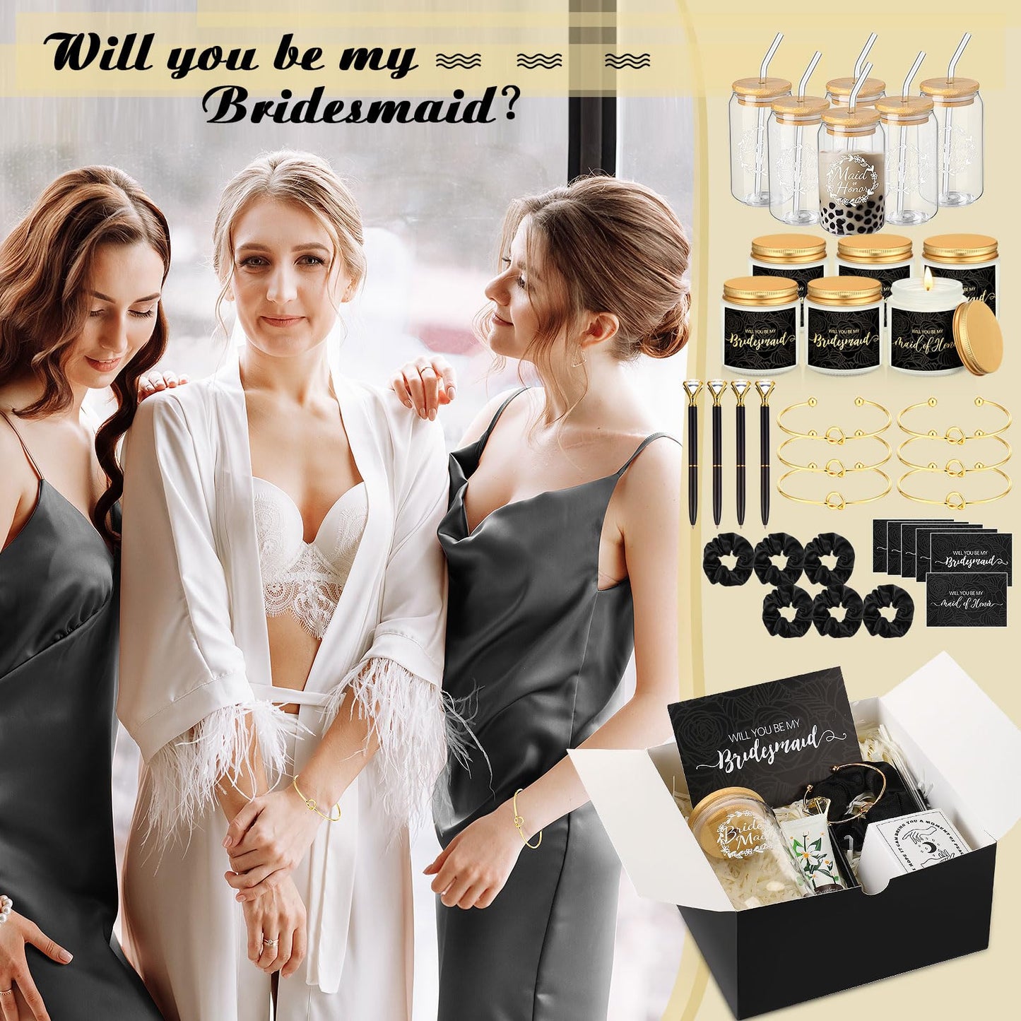 Teenyyou 60 Pcs Bridesmaid Proposal Gifts Bridesmaid Box Set, Maid of Honor Gifts Include Box Glass Cup Candle Cards Hair Ties Knotted Bracelets Hand Cream Diamond Pens(Black)