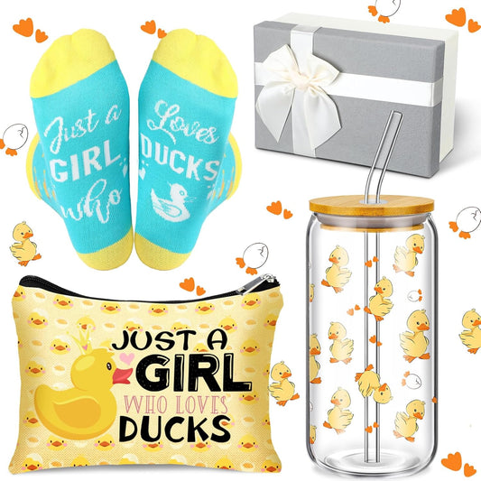 Skylety Duck Gifts Set - 16oz Glass Cup with Lid & Straw | Cute Makeup Bag for Duck Lovers