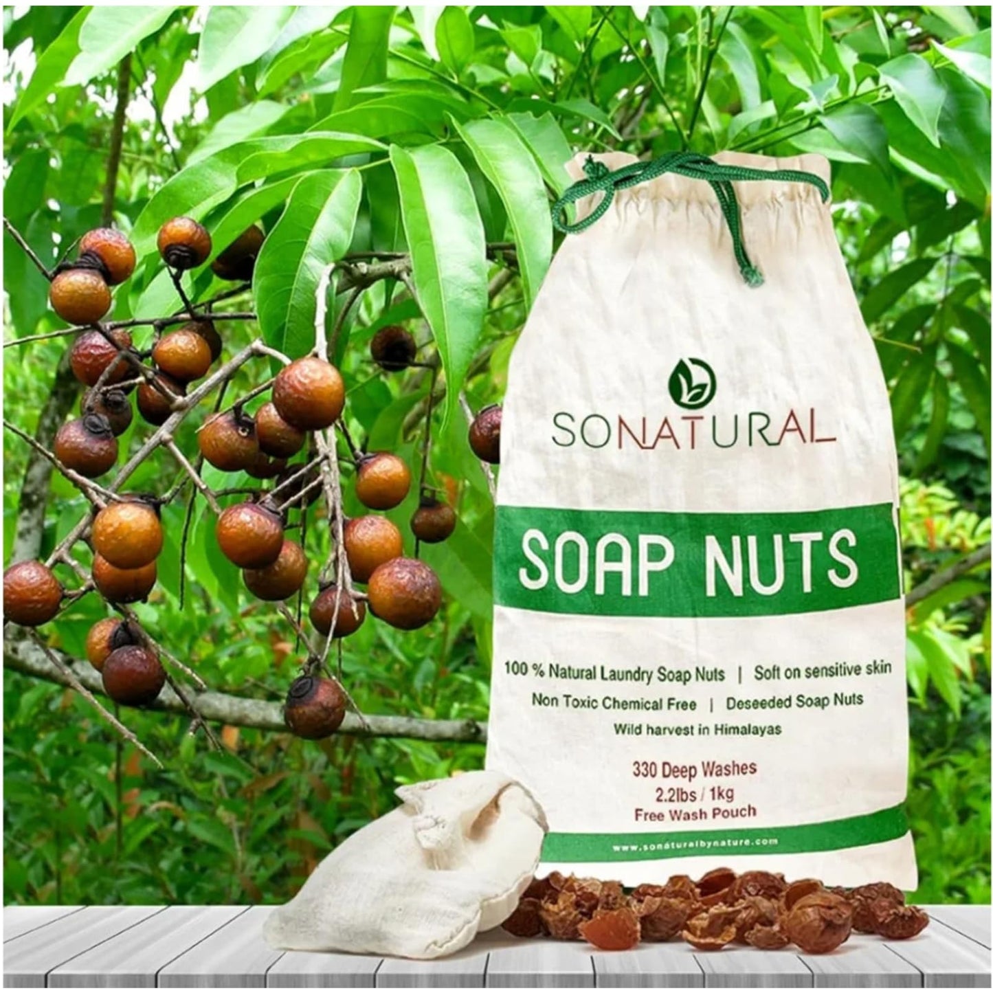 SoNatural Organic Soap Nuts Wash Bag Included - Deseeded Soap Berries | Hypoallergenic Laundry Detergent for Sensitive Skin & Baby Clothes| Fragrance & Sulfate-Free Shampoo (1kg / 35.2 oz)
