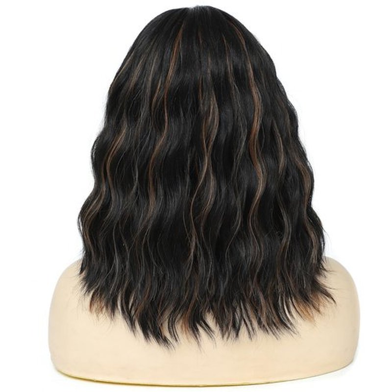 Rose bud Wavy Bob Wig Natural Wig Dark Brown mix Bleach Blonde Synthetic Hair Shoulder Length Short Curly Middle Part Lace Front Wigs for Women
