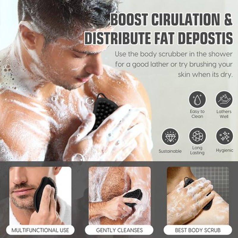 VWMYQ Silicone Body Scrubber Pro 2-in-1 Shower Scrubber for Body Care, Lathers Well, Silicone Loofah and Body Scrubber Exfoliator for Men and Women (Black, Body + Massage)