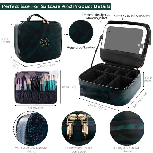 MOMIRA Makeup Train Case Makeup Bag with Light up Mirror Cosmetic Bag Organizer Detachable Portable Travel Makeup Case with Adjustable Dividers Makeup Brushes Storage, Waterproof,Zebra-Green
