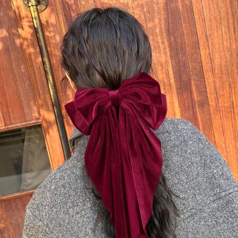Dark Red Velvet Large Hair Bow Long Tail Bowknot Hair Barrette Clip 8.26 Inch Women Girls Fall Winter Ponytail Holder Hair Accessories