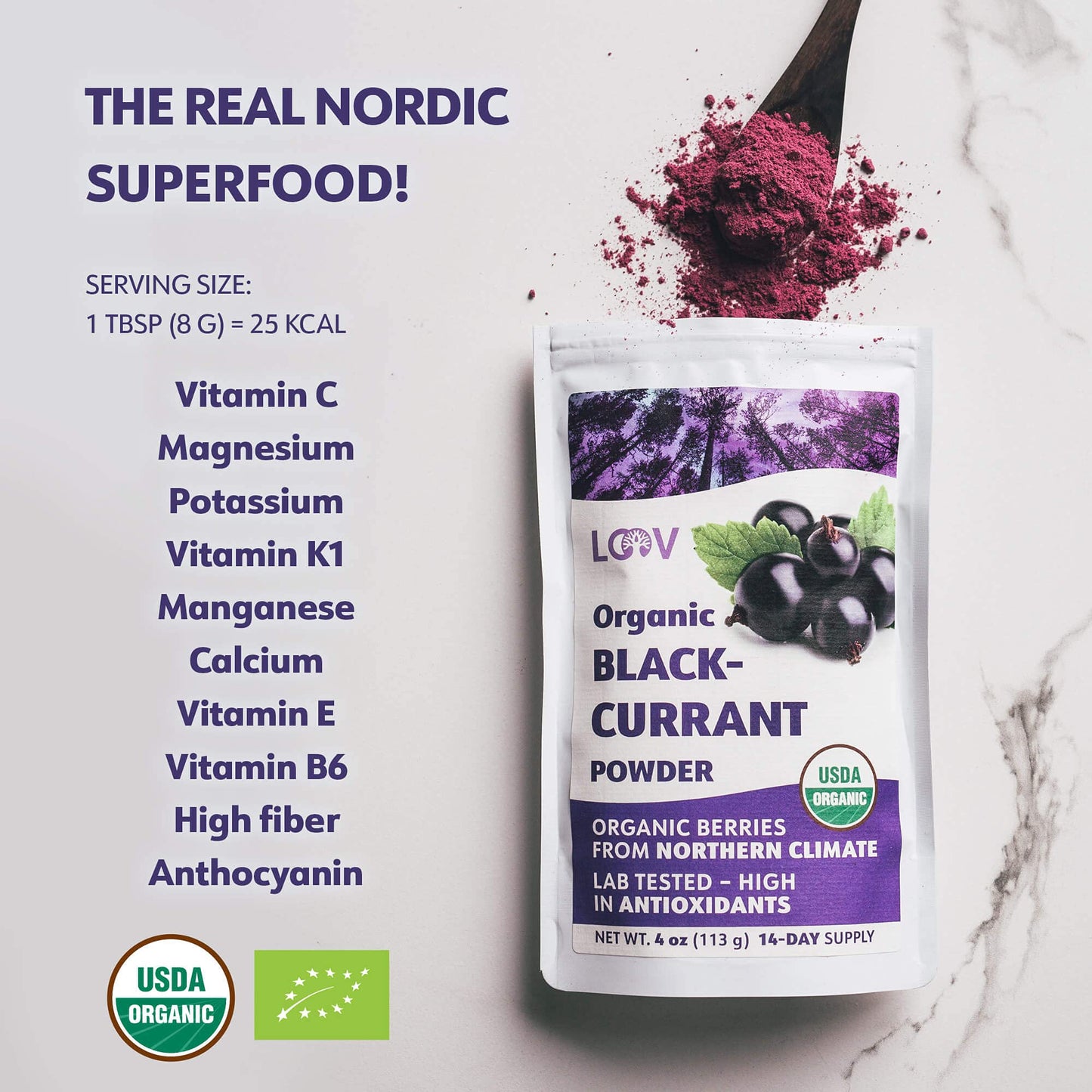 Organic Black Currant Powder – Pure, 100% Natural Whole Fruit, Freeze-Dried & Powdered – Non-GMO, No Added Sugar – Rich in Polyphenols & Vitamin C – 4oz (15 Servings)