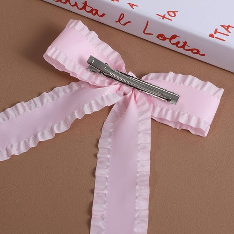 Light Pink Ruffle Ribbon Hair Bow Clips with Long Tail for Women Girls Big Stylish Satin Ponytail Holder Decor Accessories Slides Metal Clips Hair Bow for Any Occasion 5.5in