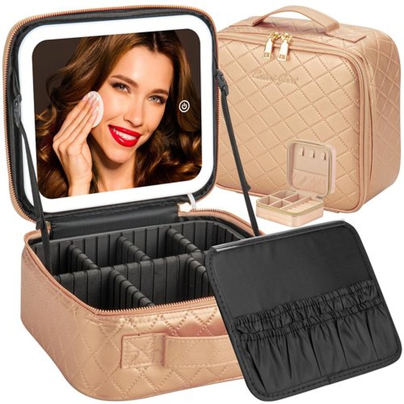 Extrei Gent Traveling Makeup Train Case with LED Lighted Mirror, Portable Waterproof 3-Color Adjustable Brightness Professional Makeup Bag with Dividers Makeup Brush Accessories and Toolkit