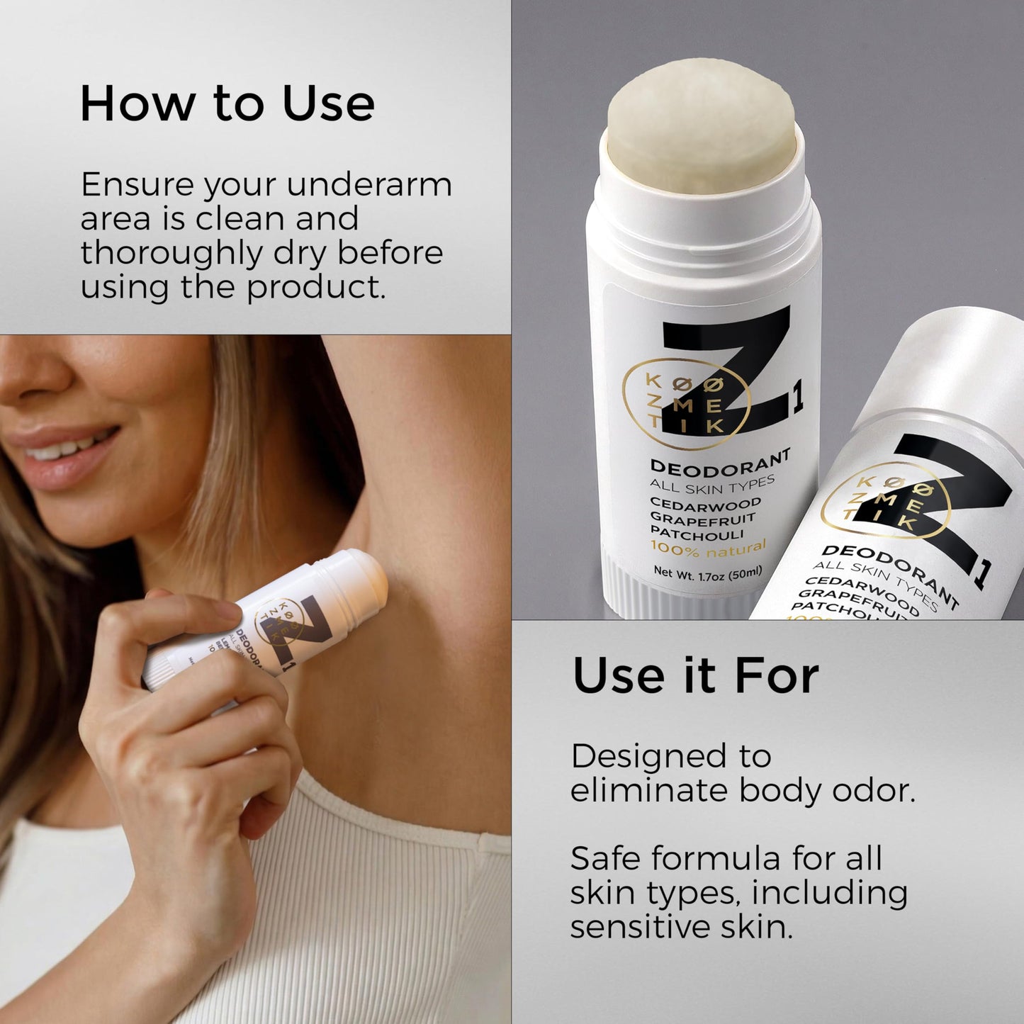 100% Natural Deodorant Stick I Aluminum Free I Chemical Free I Sweat & Odor Protection I Cedarwood,Grapefruit,Patchouli I Natural Skincare Deodorant for Everyday Z1 KØØZMETIK