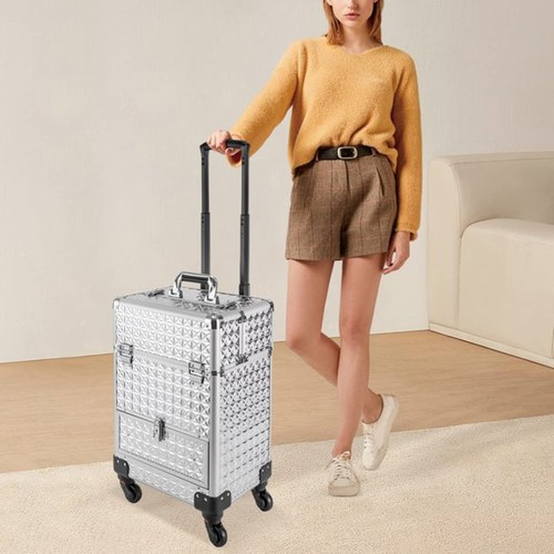 YIYIBYUS Manicure Storage Case, Makeup Trolley Rolling w/Wheels, Rolling Nail Case, Polish Organizer Makeup Train Case Durable Large Capacity Organizer w/lock for Studio or Travelling (Silver)