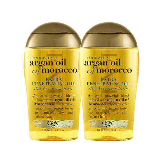OGX Set of 2 Extra Strength Renewing + Argan Oil of Morocco Penetrating Hair Oil Treatment, Deep Moisturizing Serum for Dry, Damaged & Coarse Hair, Paraben-Free, Sulfated-Surfactants Free, 3.3 Fl Oz