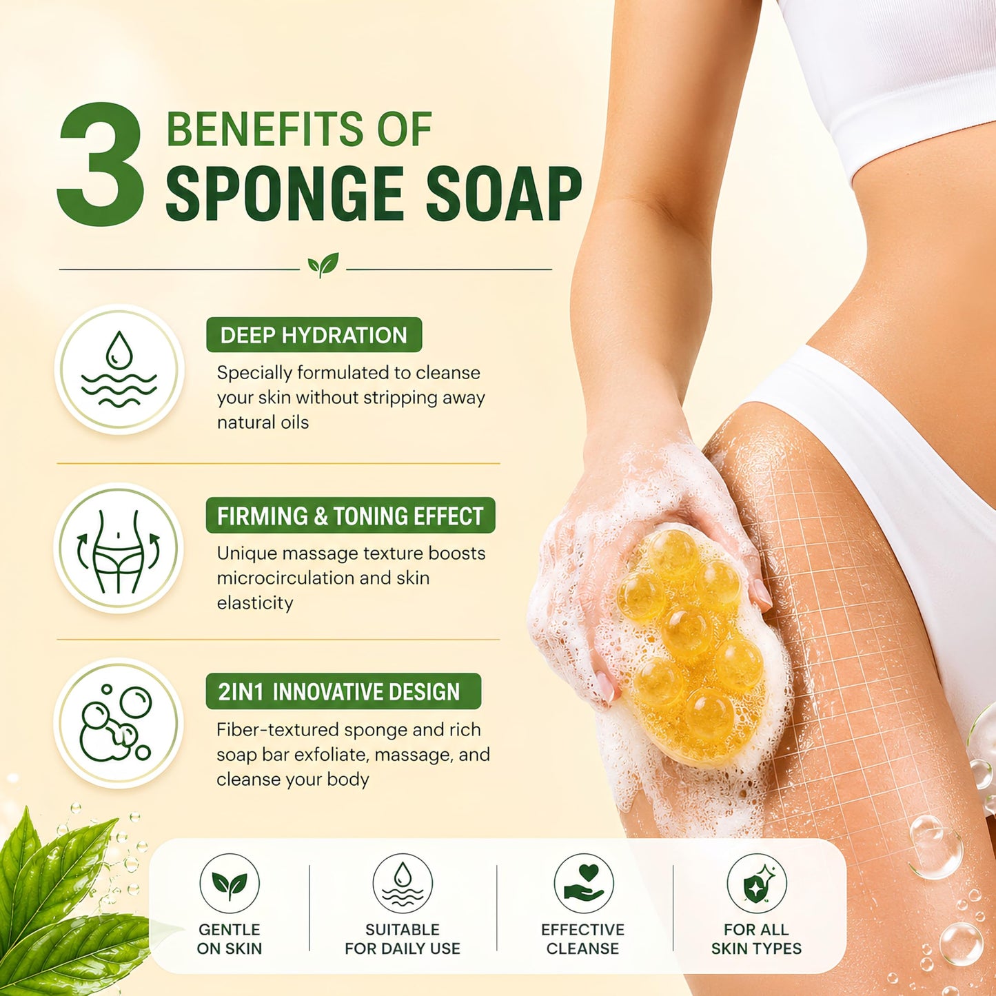 SpongeArt Skin Smoothing Sponge Soap Bar – Exfoliating Massage Soap with Textured Fiber Surface – Moisturizing Body Cleanser – 3.5 oz (Bromelain & Caffeine)