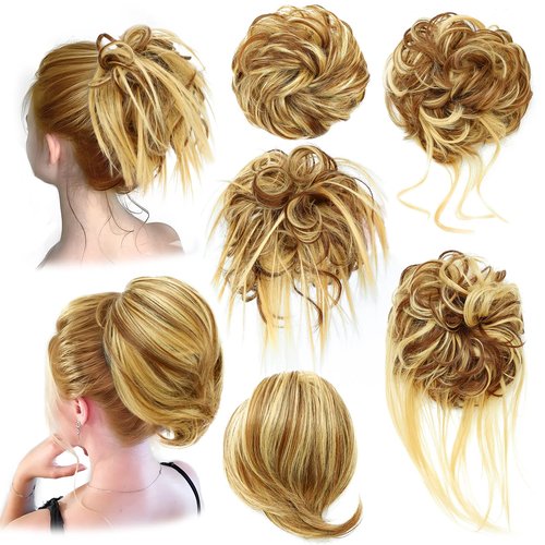 HSLHDI Messy Hair Bun Hair Piece for Women Short Bun Tousled Synthetic Elastic Scrunchies Hairpiece for Women Girls (1-5pcs, Light Blonde & Light Brown 86H10#)…