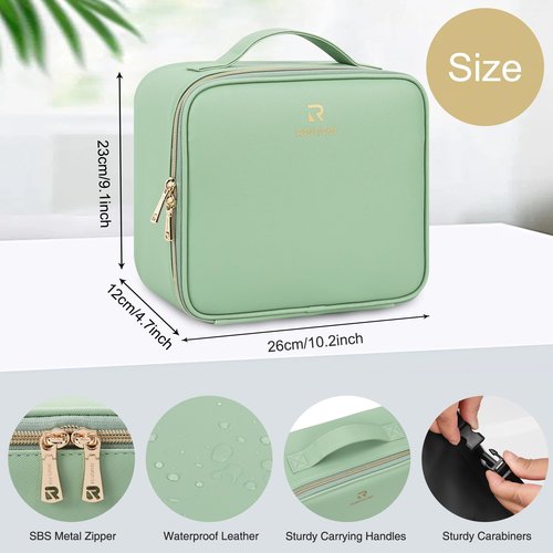 Relavel Makeup Bag With LED Mirror, Travel Makeup Organizer Train Case with 3 Color Lighting Brightness, Rechargeable Cosmetic Vanity Case for Women with Makeup Brush Compartments, Green