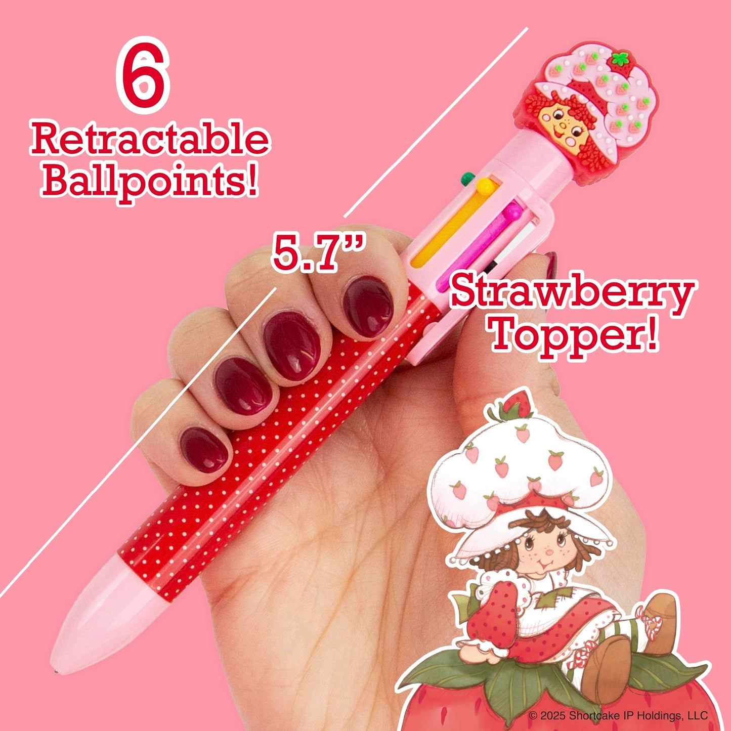Strawberry Shortcake™ Multi-Click Pen, 6-Color Retractable Ballpoint with Strawberry Shortcake Topper – Cute Stationery Gift for Kids Ages 6 and Up