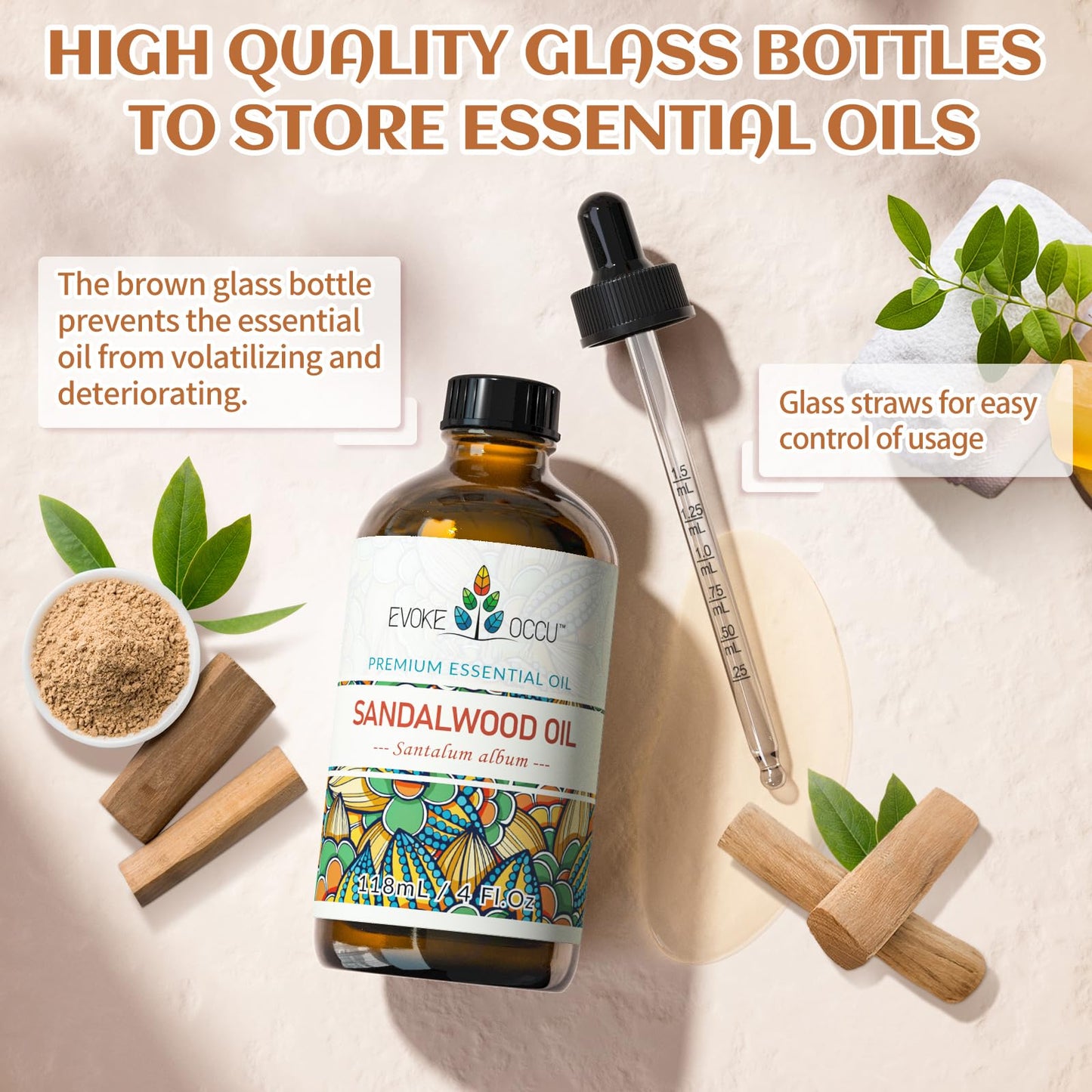 EVOKE OCCU Sandalwood Essential Oils for Skin Care, Diffuser, Perfume, Candle and Soap Making - 4 FL Oz