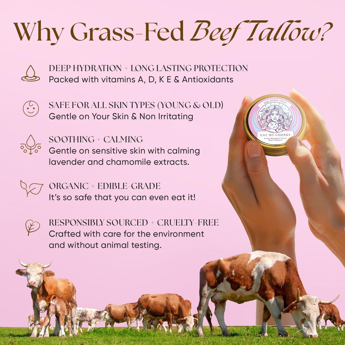 Eat My Face Baby & Mom Beef Tallow Cream – Gentle Enough for Newborns, Powerful Enough for Mom | Grass Fed, Organic | Soothes Eczema, Diaper Rash & Stretch Marks, 4 oz