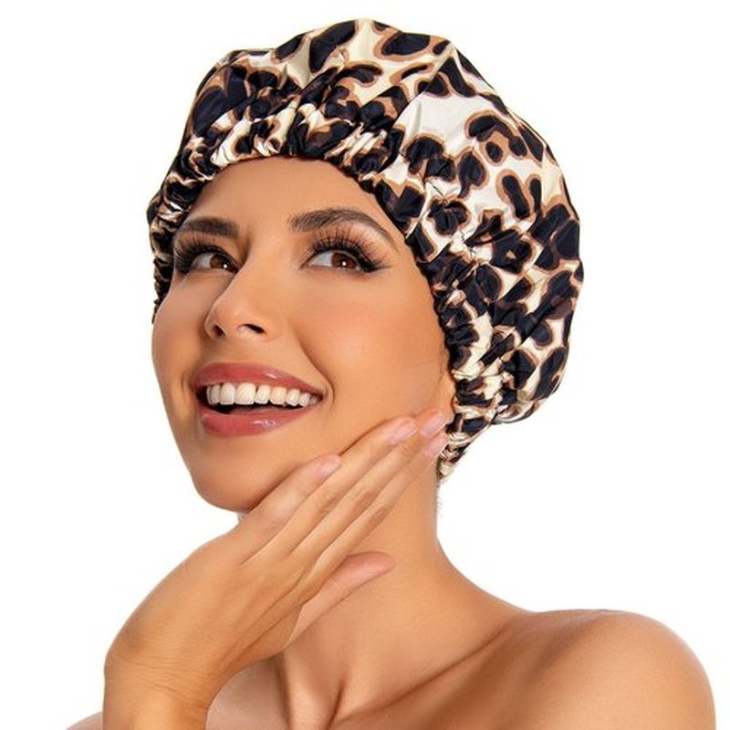 Reusable Shower Cap for Women, Large Waterproof Shower Bonnet Washable Elastic Band Bath Hair Hat for Long Hair, Braids(Leopard)