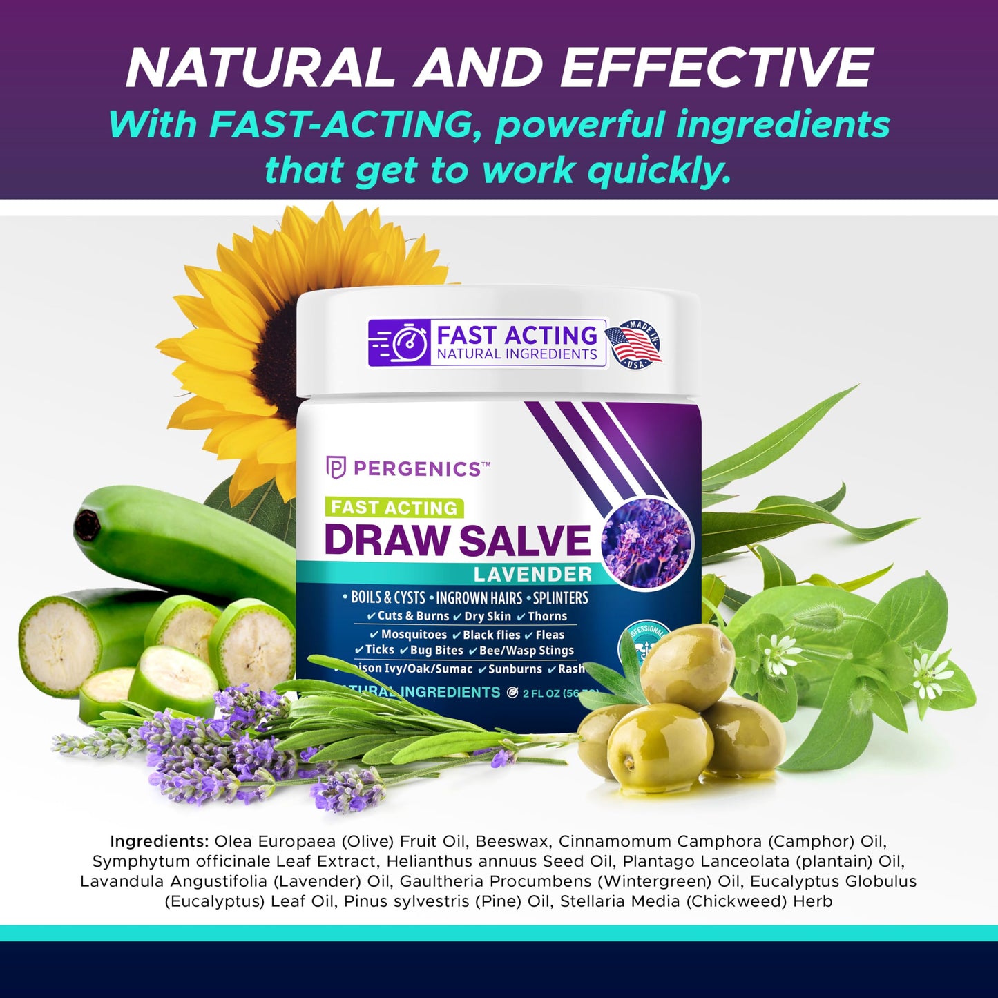 Pergenics Drawing Salve Ointment with Natural Lavender Herbal Extract for ingrown Hair, Boil & Cyst, Splinter Remover, Bug and Spider Bites, bee Sting, Mosquito bite Itch, Poison Ivy, 2 oz (1 Pack)