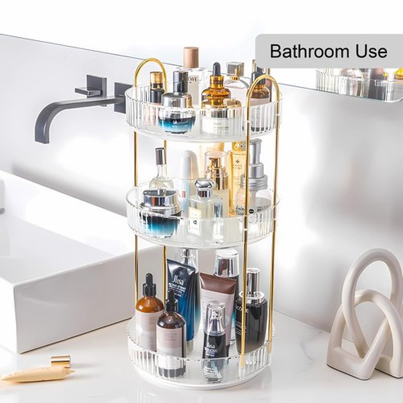 YCIA&DONE 360 Rotating Makeup Organizer and Storage for Vanity Countertop 3 Tiers, High Capacity Cosmetic Skincare Perfume Organizer for Dresser Bathroom Lazy Susan Organizer(Clear White)