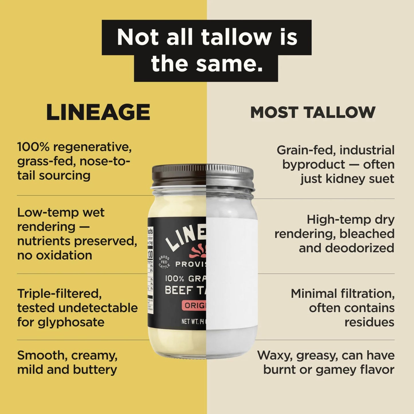 Lineage Provisions - 100% Grass-Fed & Finished Beef Tallow – 3-Pack Glass Jars – US-Raised Cattle – Nose-to-Tail Rendered – Cooking Oil Alternative, Keto & Paleo Friendly