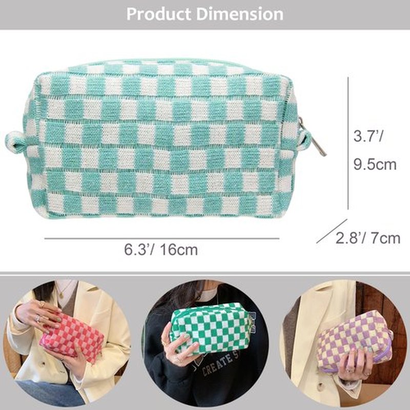 PAZIMIIK Checkered Makeup Bag for Purse Portable Zipper Make Up Pouch Small Cosmetic Case for Travel Accessories Arctic Blue
