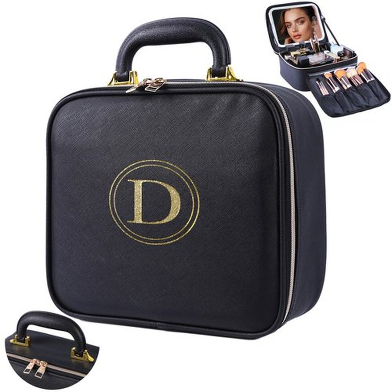 Makeup Travel Train Case with Mirror, LED Light, 3 Adjustable Brightness Levels, Cosmetic Bag with Handle, Portable Storage, Adjustable Partition, Waterproof, Monogrammed Gift Makeup Bag for Women