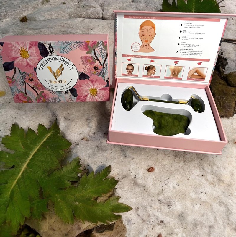 VIVIDUS Gua Sha and Jade Roller Set - Facial Massage Tool for Wrinkle Reduction | Green Self-Care Gift Set