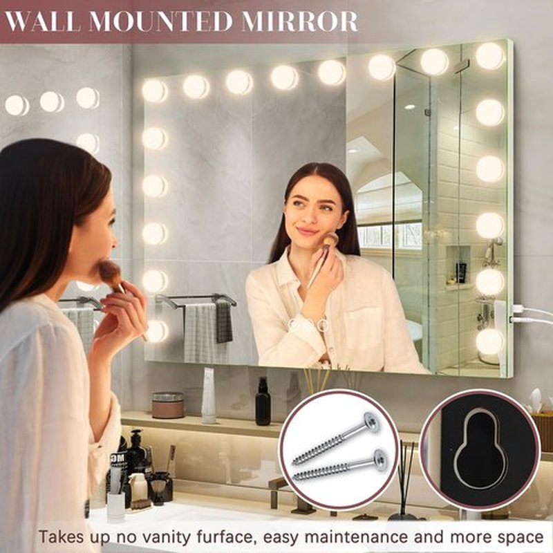 ROLOVE 32"x24" Hollywood Vanity Mirror with Lights, 18 Dimmable LED Bulbs, 3 Color Modes, 10X Magnification, USB Charging Port, Tabletop or Wall-Mounted