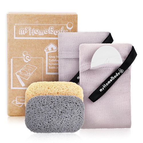 myHomeBody Soap Pocket Exfoliating Soap Saver Pouch, Body Scrubber Sponge, Exfoliator for Bath or Shower, for Large Bar Soap or Leftover Bits, White Smoke, 2 Pack + 2 Soap Lifting Pads