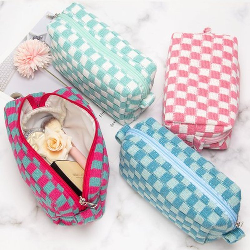 PAZIMIIK Checkered Makeup Bag for Purse Portable Zipper Make Up Pouch Small Cosmetic Case for Travel Accessories Arctic Blue