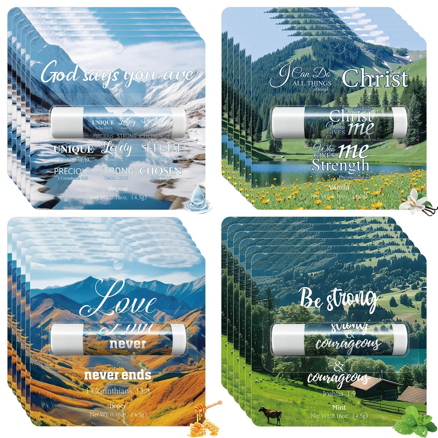 24 Pcs Christian Lip Balm with Scripture Church Small Gifts Bulk Natural Scenery Lip Balms Religious Faith Bible Verse Inspirational Gift Party Favors Coworkers