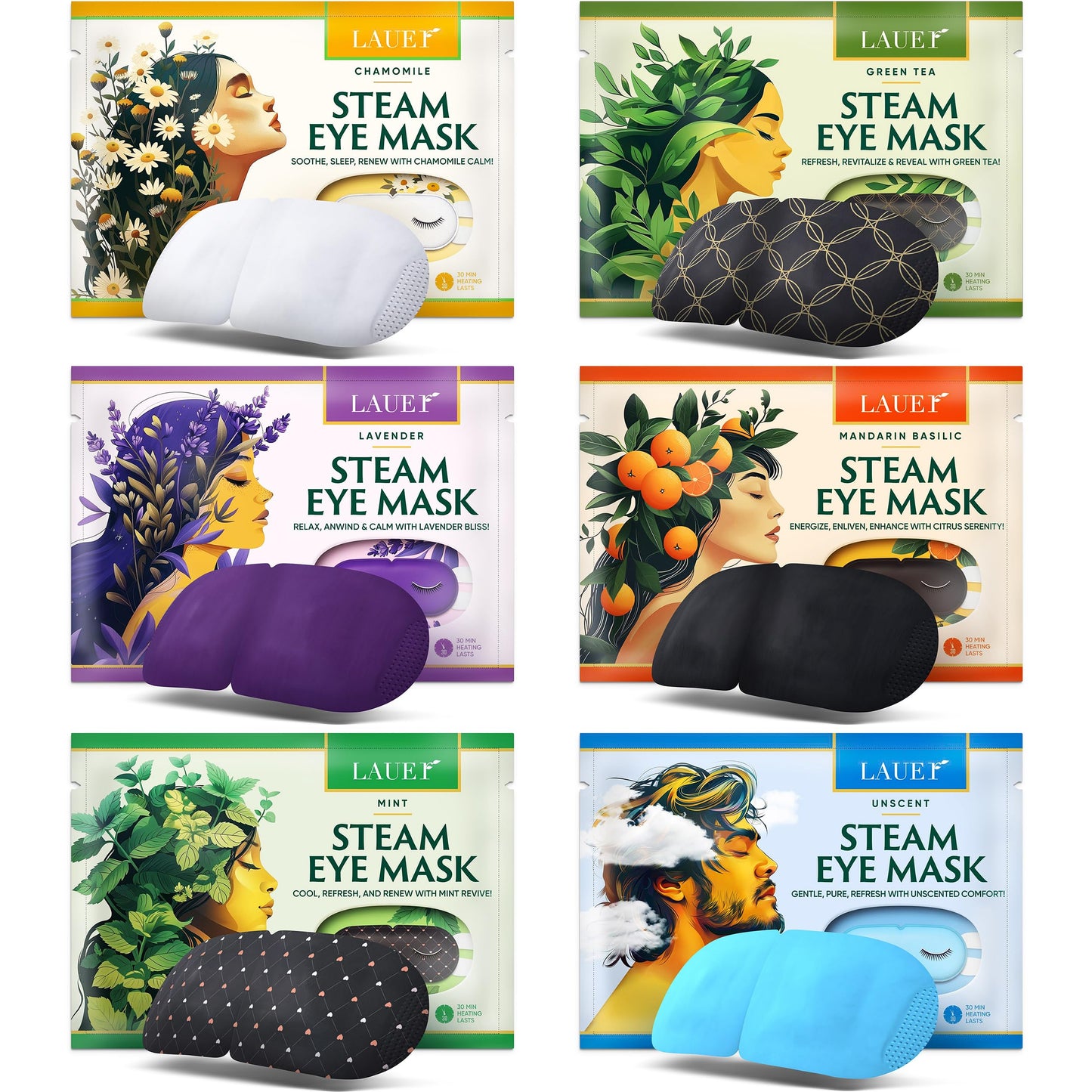 Heated Eye Steam Mask Dry Eyes Self Warm Compress Dark Circles Puffiness Set of Scent (Lavender, Chamomile, Green Tea, Mint, Mandarin Basilic, Unscented) Pack of 6 Masks for Women