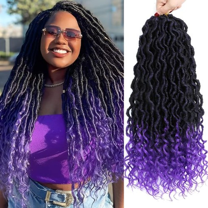 Goddess Locs Crochet Hair 18 Inch 6 Packs Ombre Purple Faux Locs with Curly ends Pre Looped Goddess Faux Locs Crochet Hair for Black Women (18 Inch,6 Packs,1B/Purple)