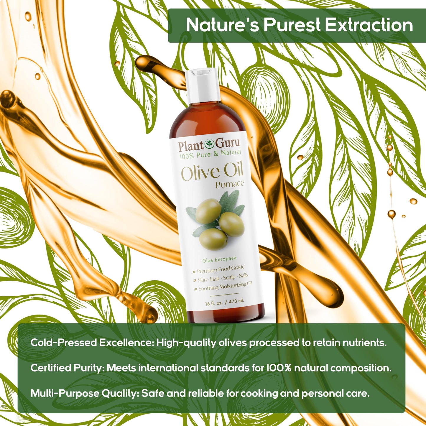 Plant Guru Olive Oil Pomace 8 fl. oz. 100% Pure Natural Carrier Moisturizer For Skin, Body, Face And Hair Growth. Great For DIY Soap Making, Cosmetics and Massage.