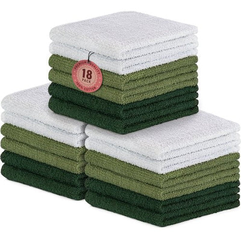DecorRack 18 Pack 100% Cotton Wash Cloths, Ultra Soft, 11 x 11 inch Ultra Absorbant, Machine Washable Premium Washcloths, Green (18 Pack)