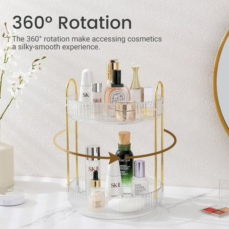 Rotating Makeup Organizer for Vanity, Skincare Make Up Storage Perfume Organizers for bathroom countertop, Clear Cosmetic Organizer for Dresser, Lipstick Hair product Spinning Stand Organizer (2 Tier,