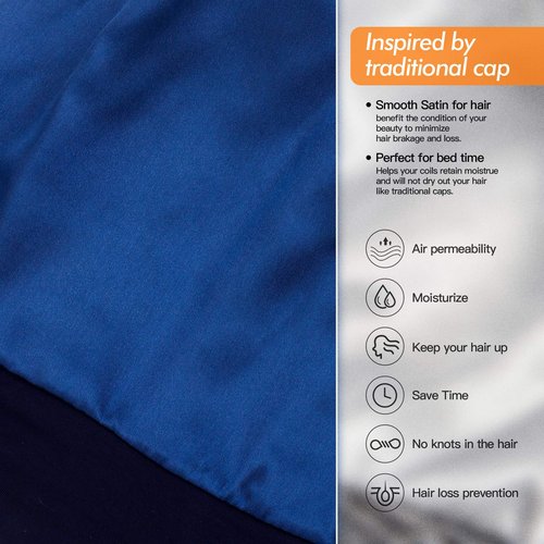 Silk Satin Lined Bonnet Sleep Cap - Adjustable Stay on All Night Hair Wrap Cover Slouchy Beanie for Curly Hair Protection for Women and Men - Solid Navy
