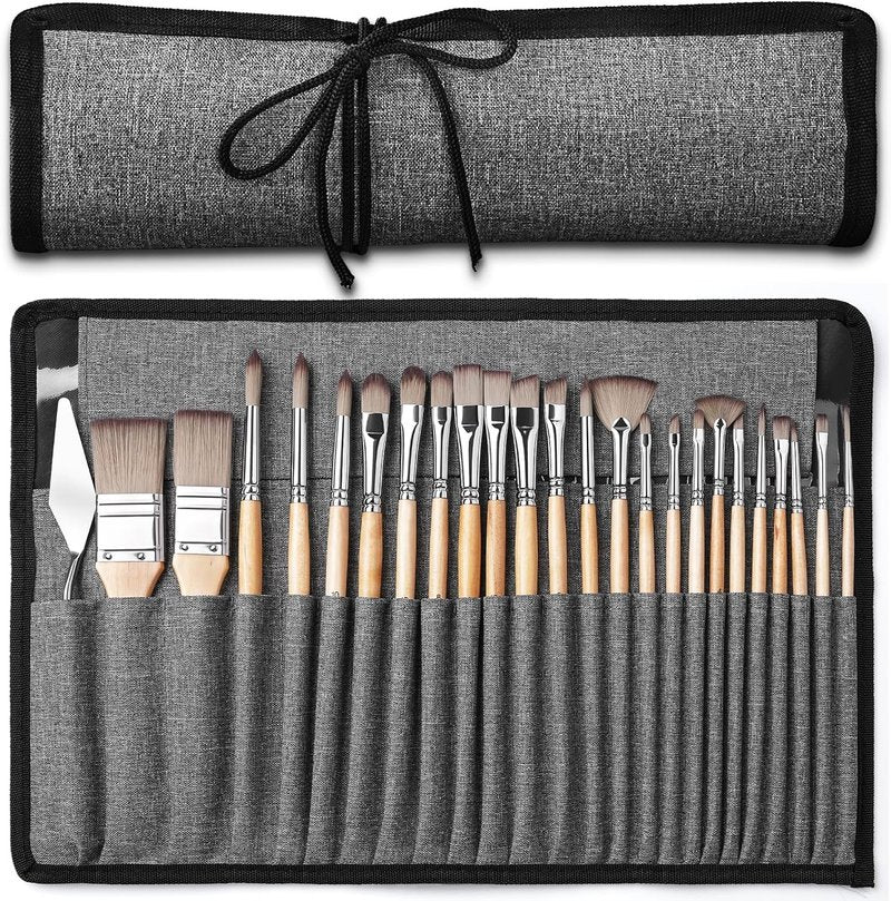 Acrylic Paint Brush Set - 25 PCS Enhanced Synthetic Brushes for Acrylic, Oil & Watercolor | Includes Cloth Roll & Palette Knife