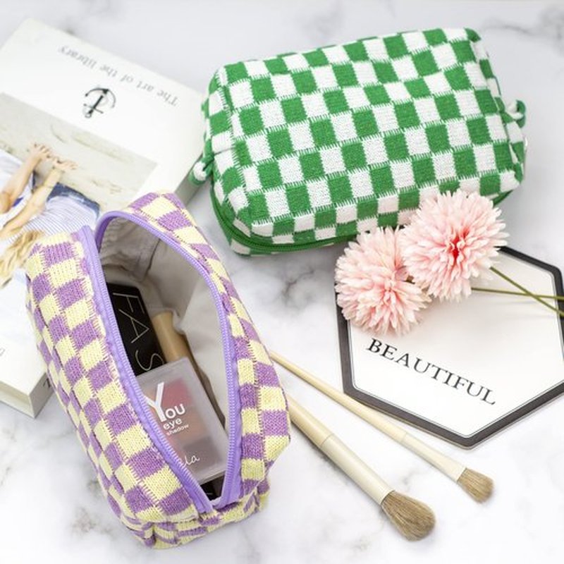 PAZIMIIK Checkered Makeup Bag for Purse Portable Zipper Make Up Pouch Small Cosmetic Case for Travel Accessories (Purple)