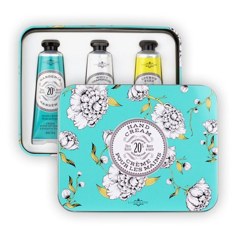 La Chatelaine Hand Cream Trio Tin Gift Set, Natural Hand Lotion, Made in France with 20% Organic Shea Butter, Moisturizing (Gardenia, White Grapefruit, Citrus Fizz) 3 x 1 fl.