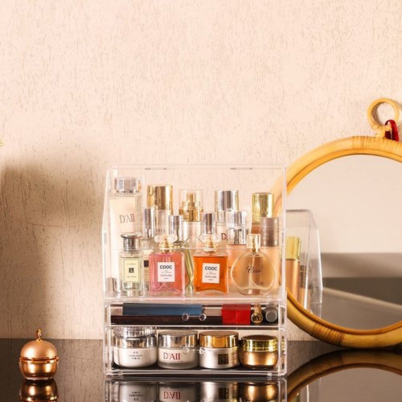 Cq acrylic Makeup Storage Organizer with Dust Water Proof Lid,Clear Cosmetics Display Case with 2 Drawers for Make Up & Skincare Products Storage for Dresser,Bathroom Countertop Organization,Set of 2